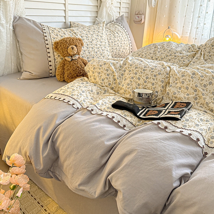 91家纺网 家纺一手货源 找家纺 鑫利来家纺 2026新款古法水洗棉法式花边四件套甄选纯棉花边拼接款四件套印花被套床单单品四件 兰溪