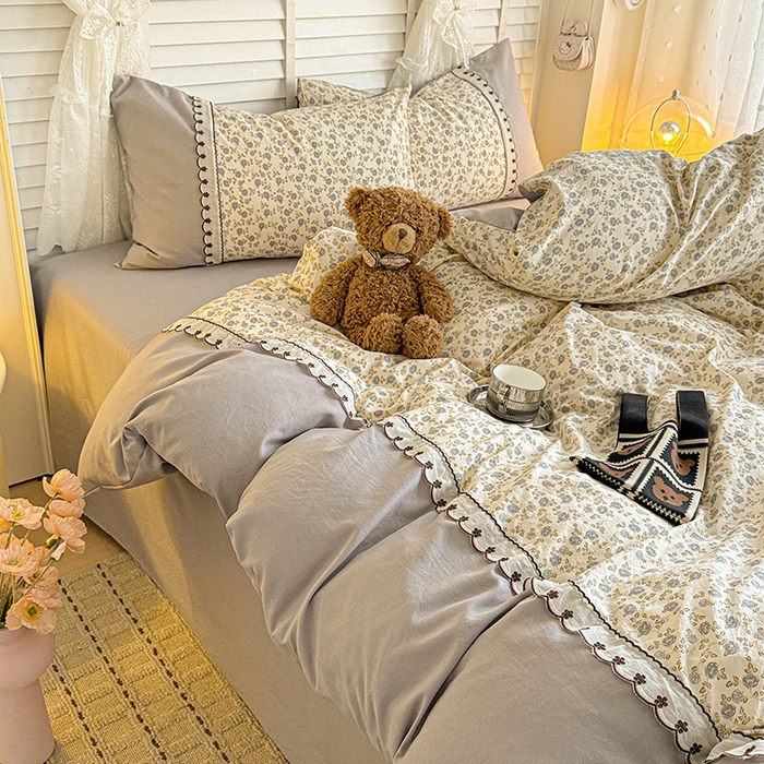 91家纺网 家纺一手货源 找家纺 鑫利来家纺 2026新款古法水洗棉法式花边四件套甄选纯棉花边拼接款四件套印花被套床单单品四件 兰溪