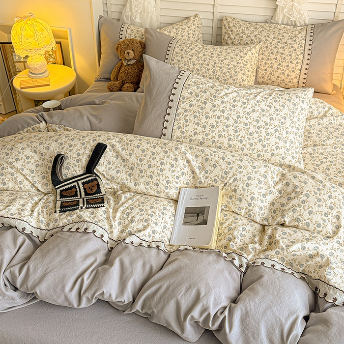 91家纺网 家纺一手货源 找家纺 鑫利来家纺 2026新款古法水洗棉法式花边四件套甄选纯棉花边拼接款四件套印花被套床单单品四件 兰溪