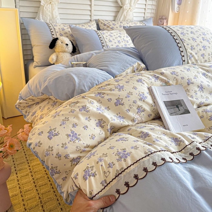 鑫利来家纺 2026新款古法水洗棉法式花边四件套甄选纯棉花边拼接款四件套印花被套床单单品四件 兔子园