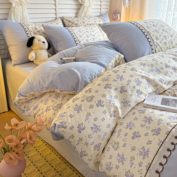 91家纺网 家纺一手货源 找家纺 鑫利来家纺 2026新款古法水洗棉法式花边四件套甄选纯棉花边拼接款四件套印花被套床单单品四件 兔子园