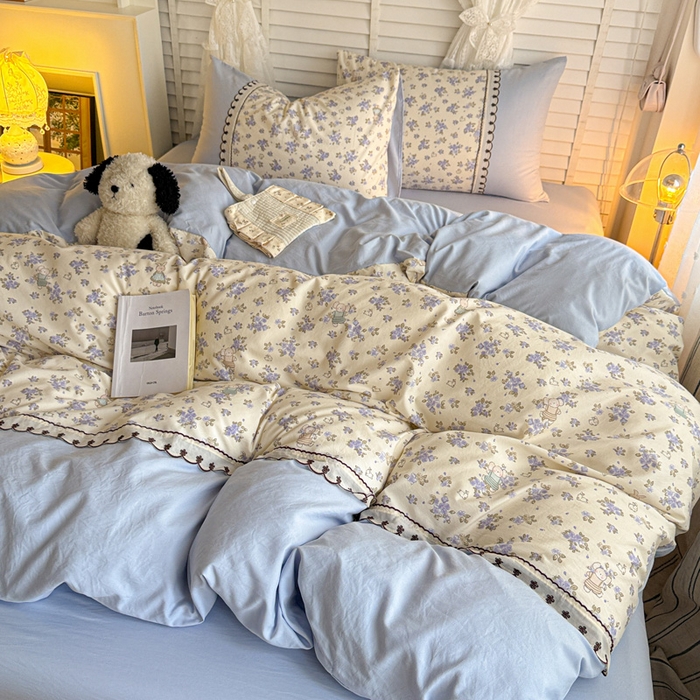 91家纺网 家纺一手货源 找家纺 鑫利来家纺 2026新款古法水洗棉法式花边四件套甄选纯棉花边拼接款四件套印花被套床单单品四件 兔子园