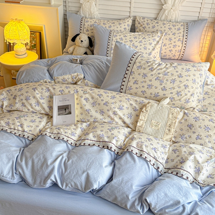 91家纺网 家纺一手货源 找家纺 鑫利来家纺 2026新款古法水洗棉法式花边四件套甄选纯棉花边拼接款四件套印花被套床单单品四件 兔子园