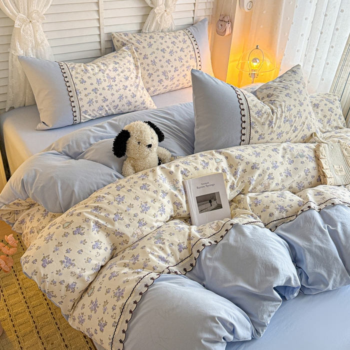 91家纺网 家纺一手货源 找家纺 鑫利来家纺 2026新款古法水洗棉法式花边四件套甄选纯棉花边拼接款四件套印花被套床单单品四件 兔子园