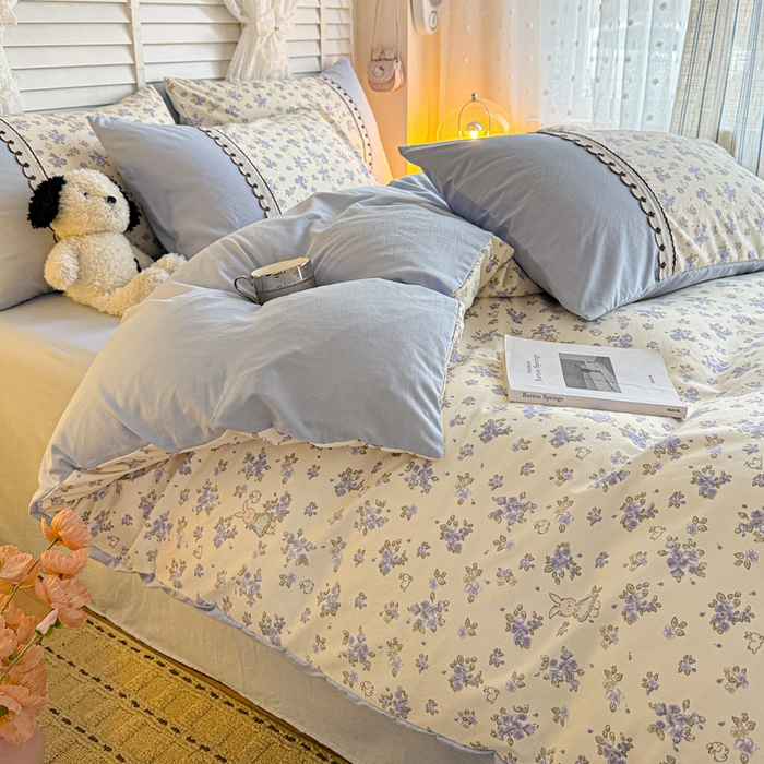 91家纺网 家纺一手货源 找家纺 鑫利来家纺 2026新款古法水洗棉法式花边四件套甄选纯棉花边拼接款四件套印花被套床单单品四件 兔子园