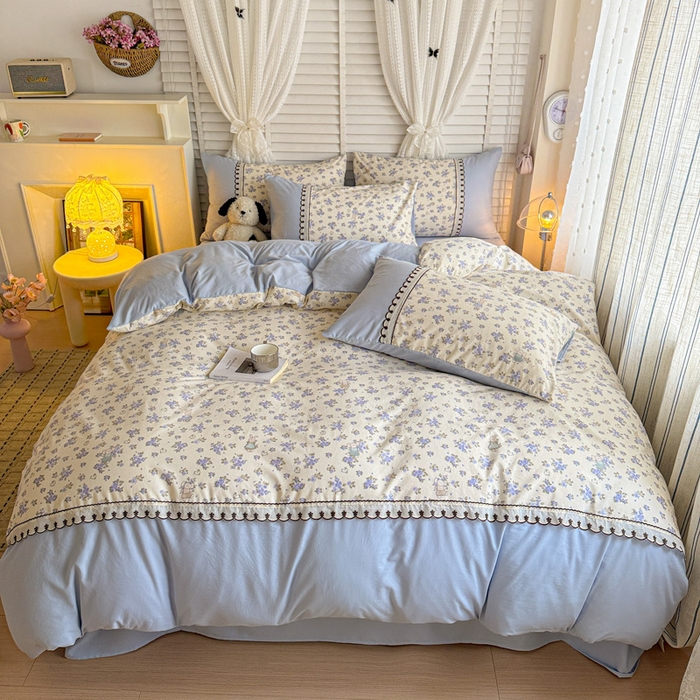 91家纺网 家纺一手货源 找家纺 鑫利来家纺 2026新款古法水洗棉法式花边四件套甄选纯棉花边拼接款四件套印花被套床单单品四件 兔子园