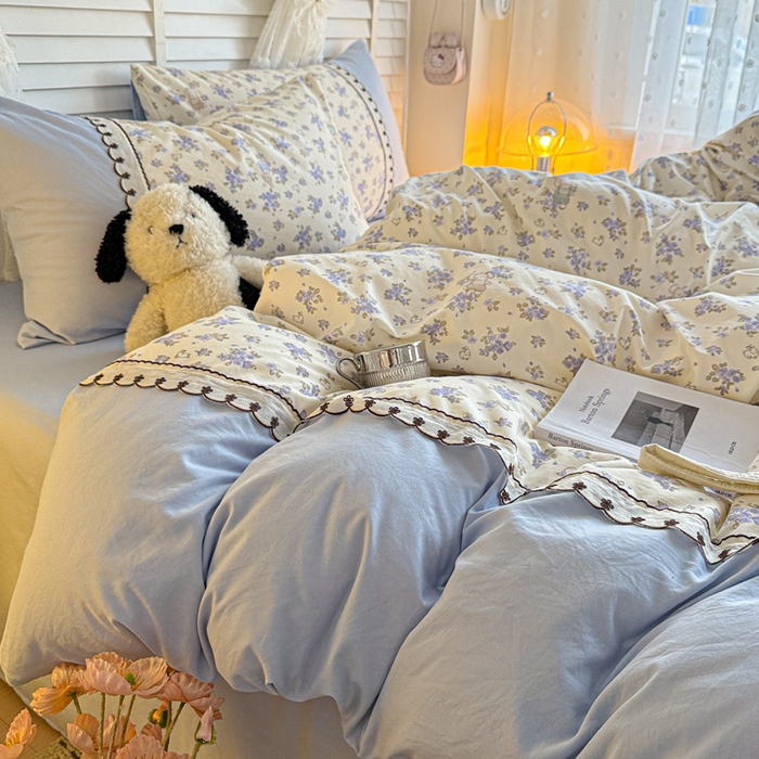 91家纺网 家纺一手货源 找家纺 鑫利来家纺 2026新款古法水洗棉法式花边四件套甄选纯棉花边拼接款四件套印花被套床单单品四件 兔子园