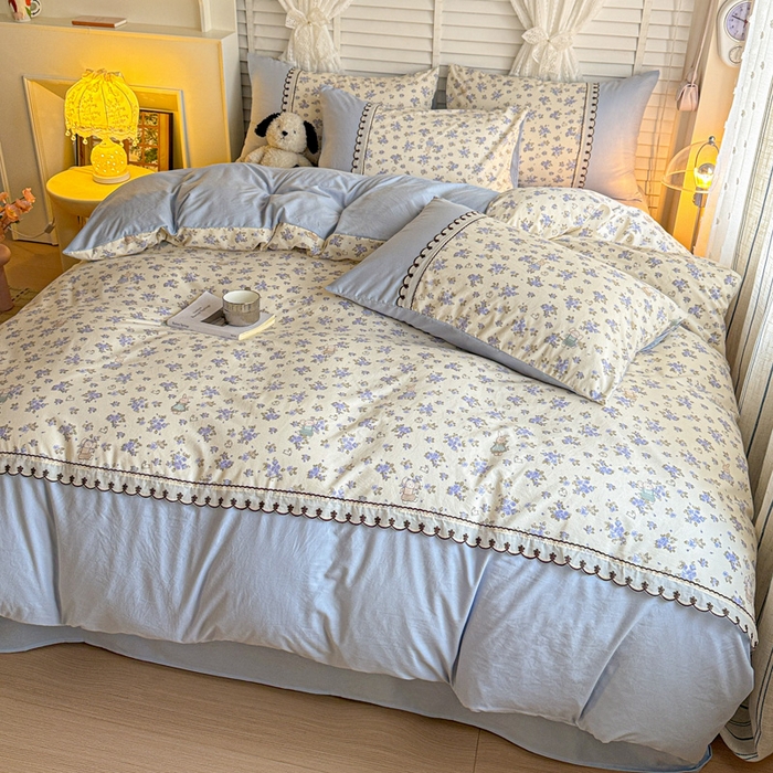 91家纺网 家纺一手货源 找家纺 鑫利来家纺 2026新款古法水洗棉法式花边四件套甄选纯棉花边拼接款四件套印花被套床单单品四件 兔子园