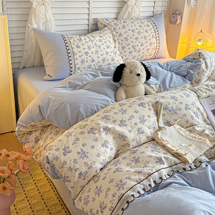 91家纺网 家纺一手货源 找家纺 鑫利来家纺 2026新款古法水洗棉法式花边四件套甄选纯棉花边拼接款四件套印花被套床单单品四件 兔子园