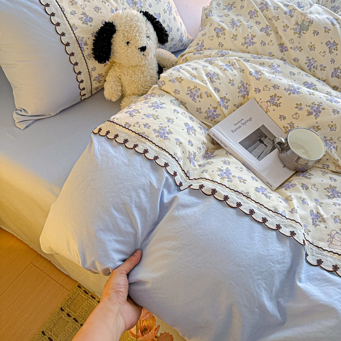 91家纺网 家纺一手货源 找家纺 鑫利来家纺 2026新款古法水洗棉法式花边四件套甄选纯棉花边拼接款四件套印花被套床单单品四件 兔子园