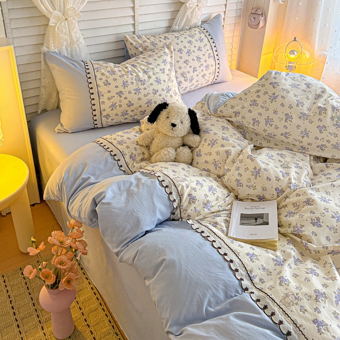 91家纺网 家纺一手货源 找家纺 鑫利来家纺 2026新款古法水洗棉法式花边四件套甄选纯棉花边拼接款四件套印花被套床单单品四件 兔子园