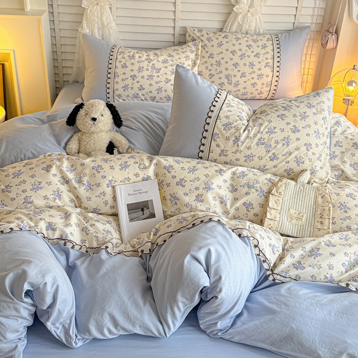 91家纺网 家纺一手货源 找家纺 鑫利来家纺 2026新款古法水洗棉法式花边四件套甄选纯棉花边拼接款四件套印花被套床单单品四件 兔子园