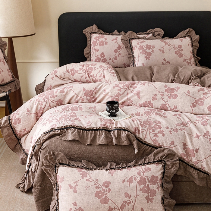 91家纺网 家纺一手货源 找家纺 悦然毛巾被 2026新款原麻水洗提花四件套 粉枝絮语