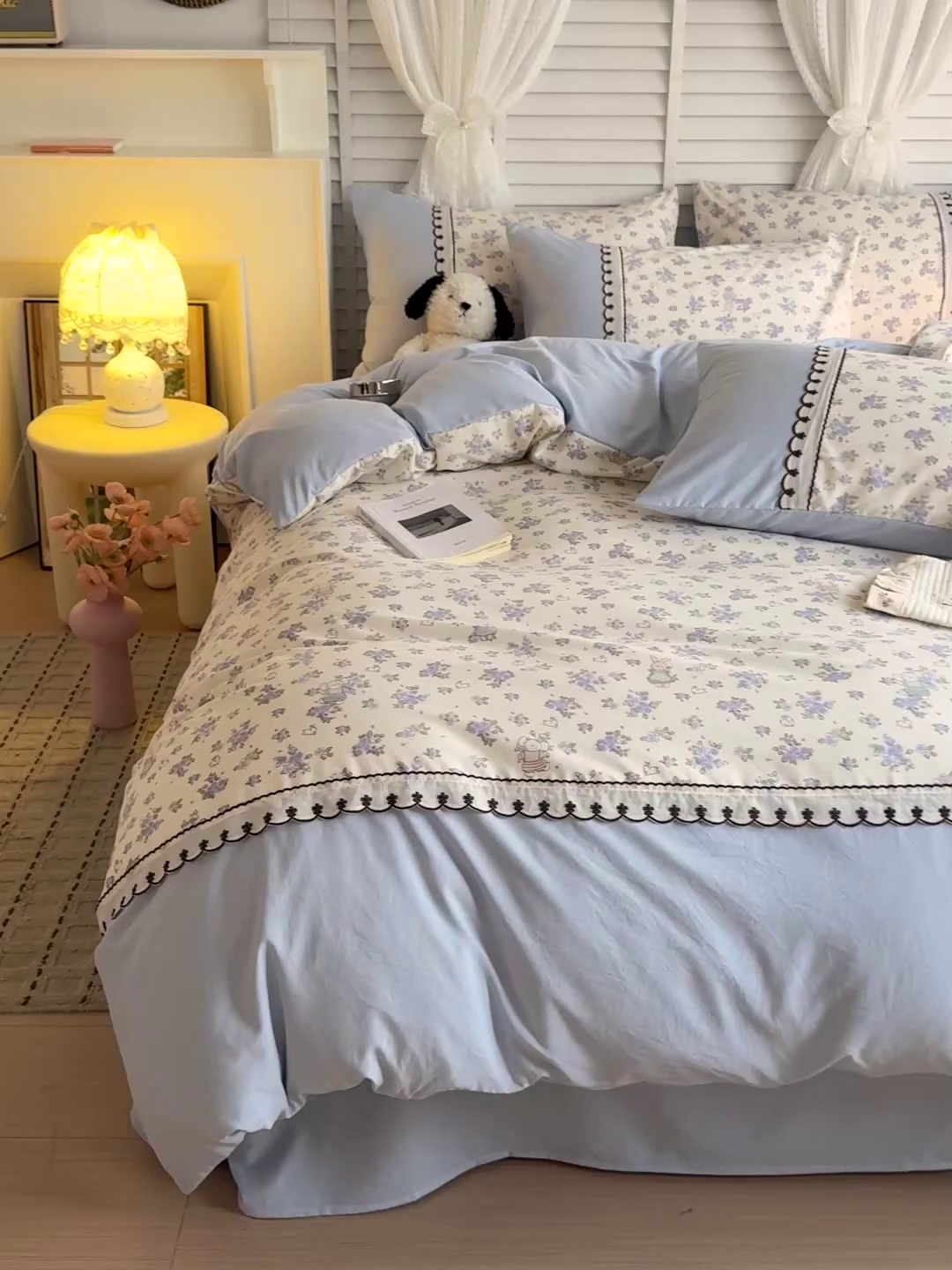 91家纺网 家纺一手货源 找家纺 鑫利来家纺 2026新款古法水洗棉法式花边四件套甄选纯棉花边拼接款四件套印花被套床单单品四件 兔子园