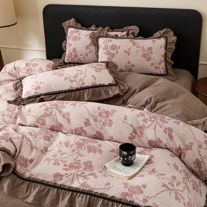 91家纺网 家纺一手货源 找家纺 悦然毛巾被 2026新款原麻水洗提花四件套 粉枝絮语