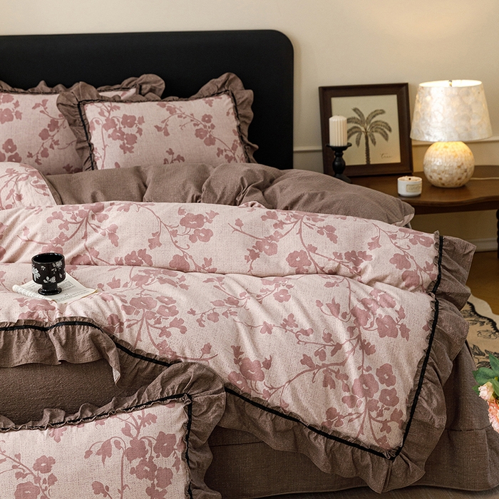 91家纺网 家纺一手货源 找家纺 悦然毛巾被 2026新款原麻水洗提花四件套 粉枝絮语