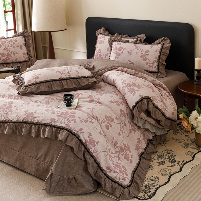 91家纺网 家纺一手货源 找家纺 悦然毛巾被 2026新款原麻水洗提花四件套 粉枝絮语