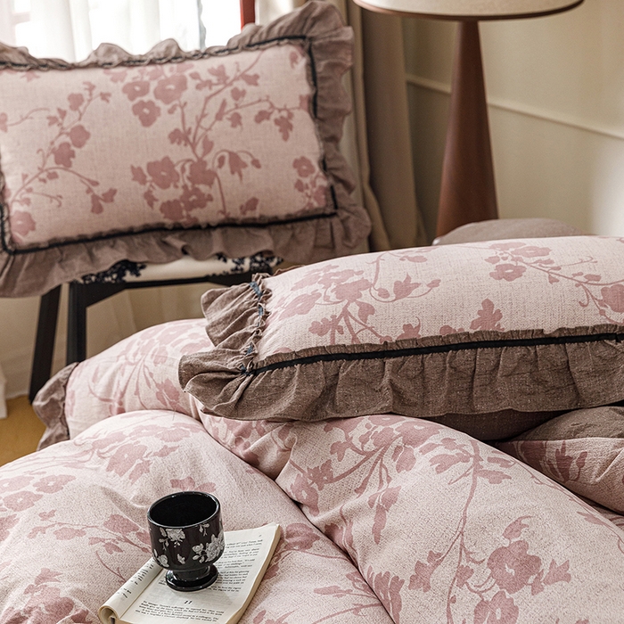 91家纺网 家纺一手货源 找家纺 悦然毛巾被 2026新款原麻水洗提花四件套 粉枝絮语