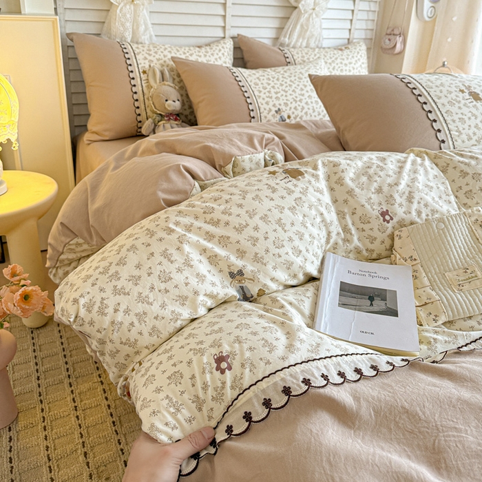 鑫利来家纺 2026新款古法水洗棉法式花边四件套甄选纯棉花边拼接款四件套印花被套床单单品四件 午后时光