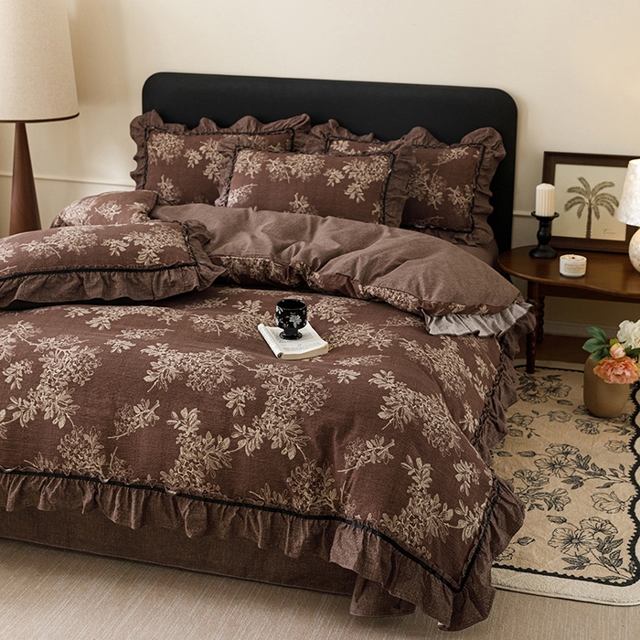 91家纺网 家纺一手货源 找家纺 悦然毛巾被 2026新款原麻水洗提花四件套 花境织梦