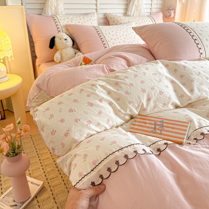 鑫利来家纺 2026新款古法水洗棉法式花边四件套甄选纯棉花边拼接款四件套印花被套床单单品四件 小玫瑰