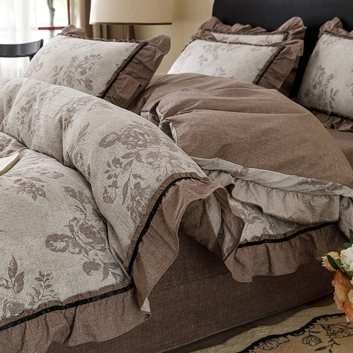 91家纺网 家纺一手货源 找家纺 悦然毛巾被 2026新款原麻水洗提花四件套 咖枝雾影