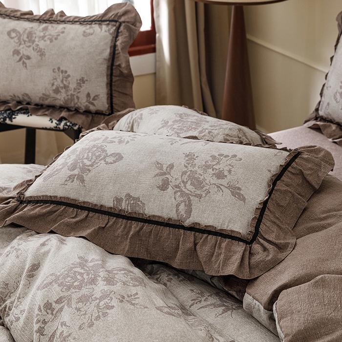 91家纺网 家纺一手货源 找家纺 悦然毛巾被 2026新款原麻水洗提花四件套 咖枝雾影