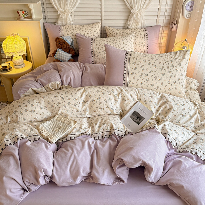 91家纺网 家纺一手货源 找家纺 鑫利来家纺 2026新款古法水洗棉法式花边四件套甄选纯棉花边拼接款四件套印花被套床单单品四件 屿花