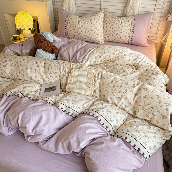 91家纺网 家纺一手货源 找家纺 鑫利来家纺 2026新款古法水洗棉法式花边四件套甄选纯棉花边拼接款四件套印花被套床单单品四件 屿花