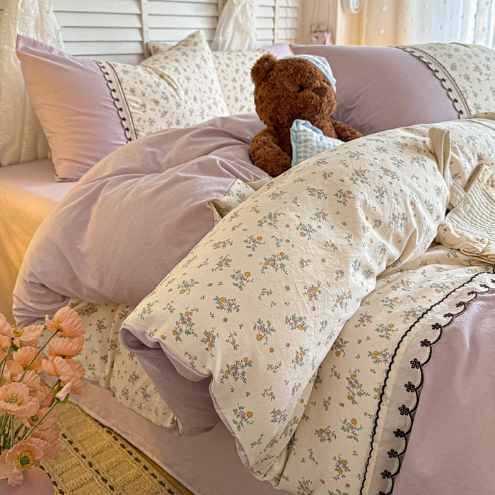 91家纺网 家纺一手货源 找家纺 鑫利来家纺 2026新款古法水洗棉法式花边四件套甄选纯棉花边拼接款四件套印花被套床单单品四件 屿花