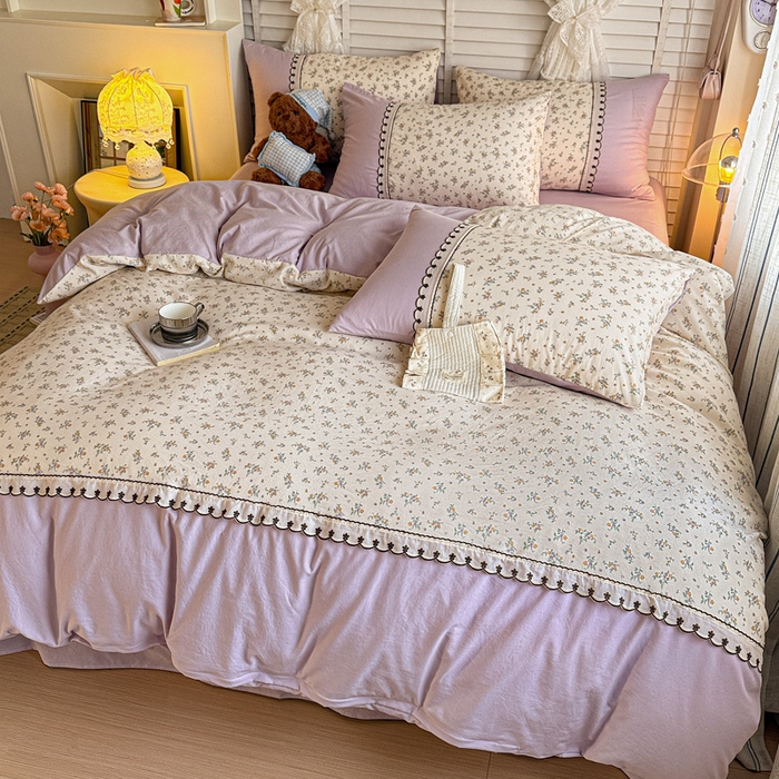 91家纺网 家纺一手货源 找家纺 鑫利来家纺 2026新款古法水洗棉法式花边四件套甄选纯棉花边拼接款四件套印花被套床单单品四件 屿花