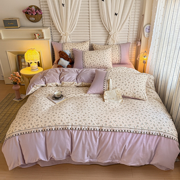 91家纺网 家纺一手货源 找家纺 鑫利来家纺 2026新款古法水洗棉法式花边四件套甄选纯棉花边拼接款四件套印花被套床单单品四件 屿花