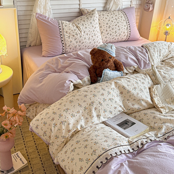 91家纺网 家纺一手货源 找家纺 鑫利来家纺 2026新款古法水洗棉法式花边四件套甄选纯棉花边拼接款四件套印花被套床单单品四件 屿花