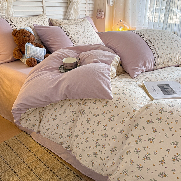 91家纺网 家纺一手货源 找家纺 鑫利来家纺 2026新款古法水洗棉法式花边四件套甄选纯棉花边拼接款四件套印花被套床单单品四件 屿花