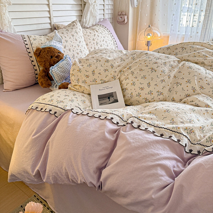 91家纺网 家纺一手货源 找家纺 鑫利来家纺 2026新款古法水洗棉法式花边四件套甄选纯棉花边拼接款四件套印花被套床单单品四件 屿花