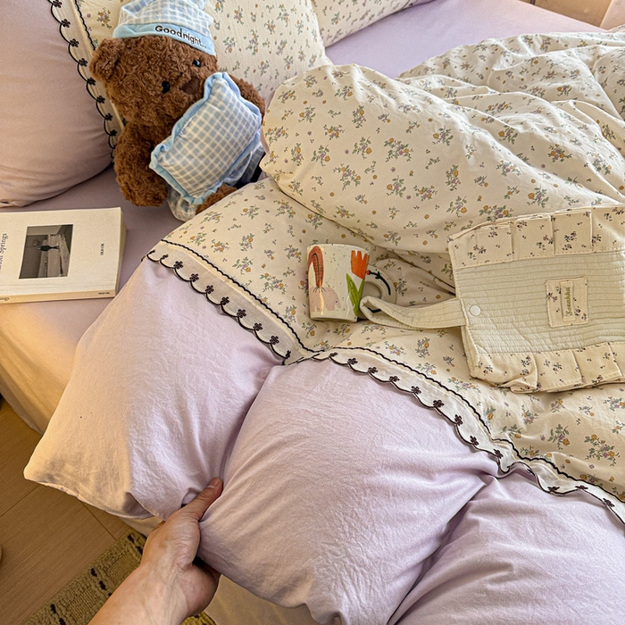 91家纺网 家纺一手货源 找家纺 鑫利来家纺 2026新款古法水洗棉法式花边四件套甄选纯棉花边拼接款四件套印花被套床单单品四件 屿花