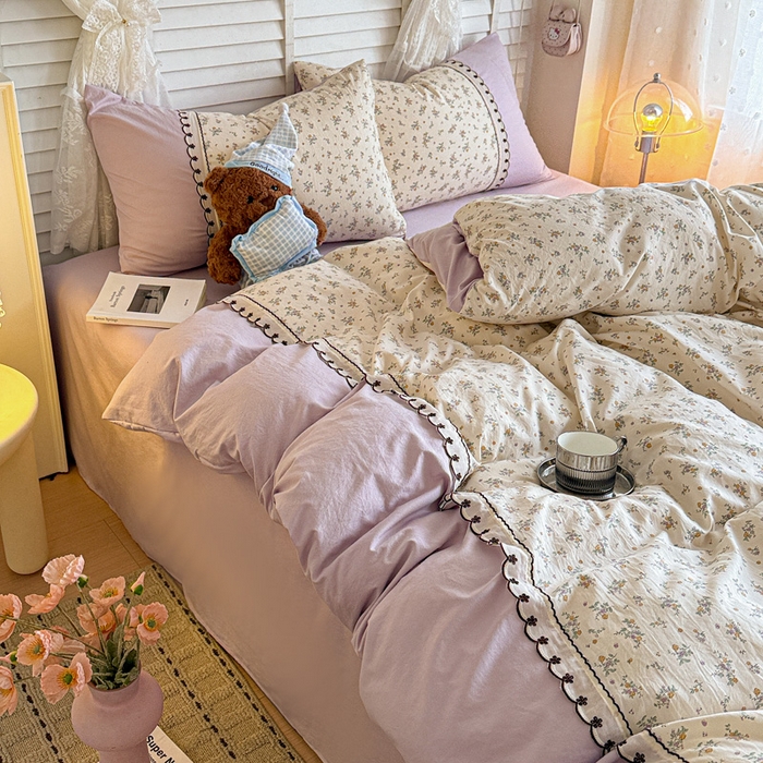 91家纺网 家纺一手货源 找家纺 鑫利来家纺 2026新款古法水洗棉法式花边四件套甄选纯棉花边拼接款四件套印花被套床单单品四件 屿花