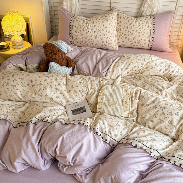 91家纺网 家纺一手货源 找家纺 鑫利来家纺 2026新款古法水洗棉法式花边四件套甄选纯棉花边拼接款四件套印花被套床单单品四件 屿花