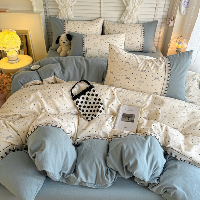 91家纺网 家纺一手货源 找家纺 鑫利来家纺 2026新款古法水洗棉法式花边四件套甄选纯棉花边拼接款四件套印花被套床单单品四件 雨沫