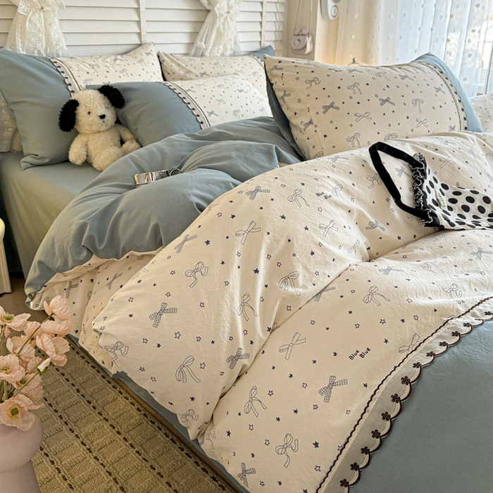 91家纺网 家纺一手货源 找家纺 鑫利来家纺 2026新款古法水洗棉法式花边四件套甄选纯棉花边拼接款四件套印花被套床单单品四件 雨沫