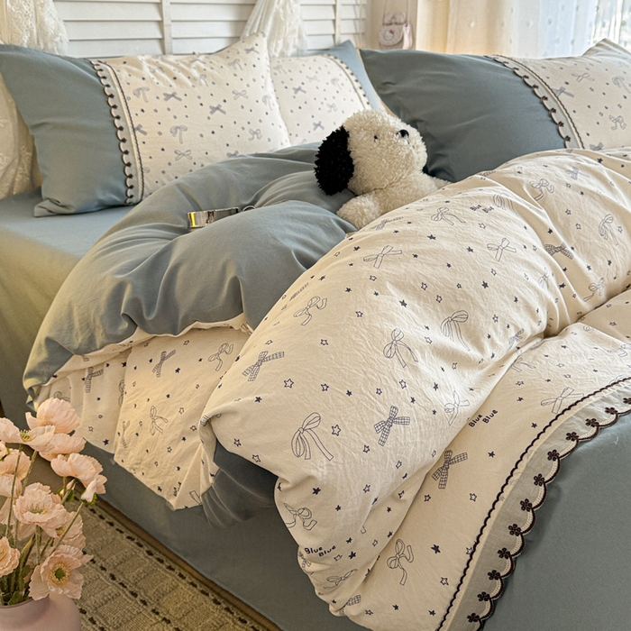 91家纺网 家纺一手货源 找家纺 鑫利来家纺 2026新款古法水洗棉法式花边四件套甄选纯棉花边拼接款四件套印花被套床单单品四件 雨沫