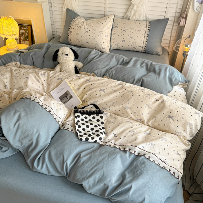 91家纺网 家纺一手货源 找家纺 鑫利来家纺 2026新款古法水洗棉法式花边四件套甄选纯棉花边拼接款四件套印花被套床单单品四件 雨沫