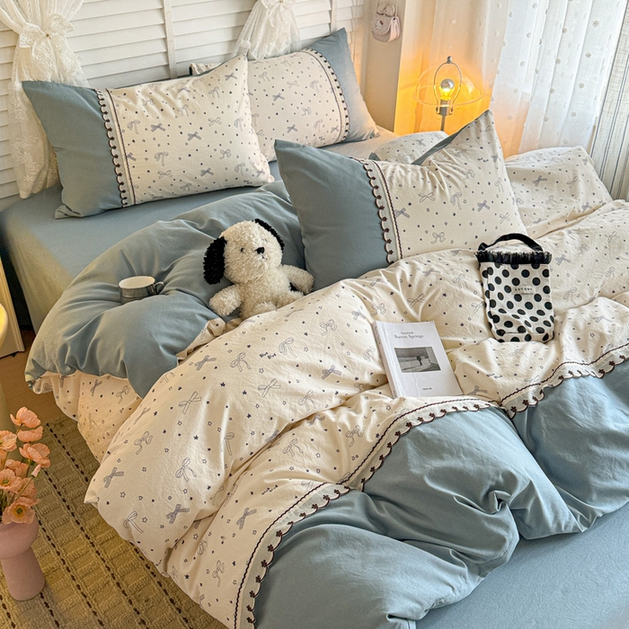 91家纺网 家纺一手货源 找家纺 鑫利来家纺 2026新款古法水洗棉法式花边四件套甄选纯棉花边拼接款四件套印花被套床单单品四件 雨沫