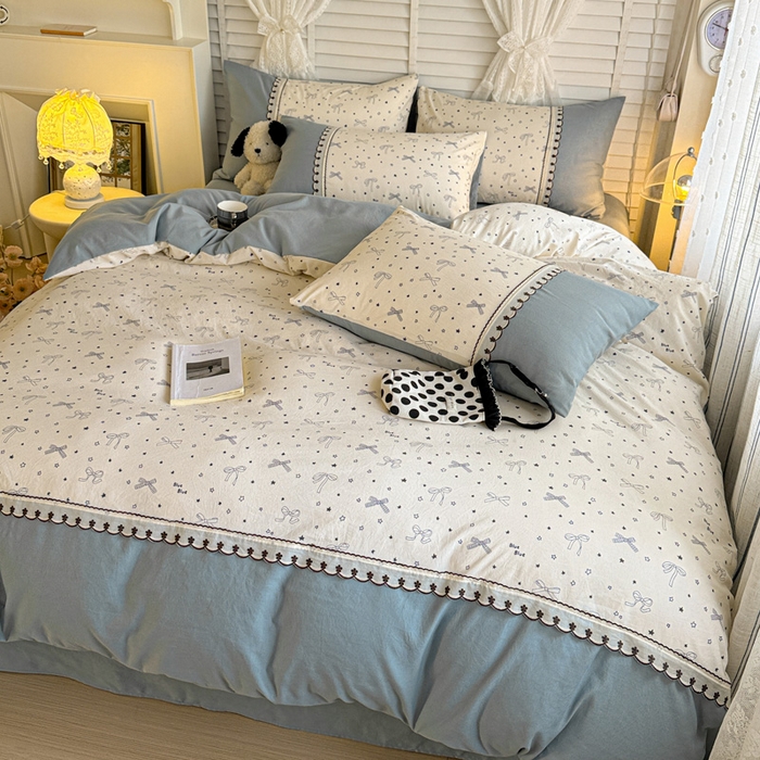 91家纺网 家纺一手货源 找家纺 鑫利来家纺 2026新款古法水洗棉法式花边四件套甄选纯棉花边拼接款四件套印花被套床单单品四件 雨沫