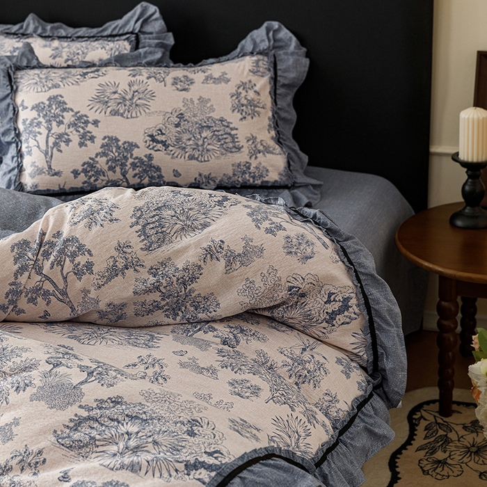 91家纺网 家纺一手货源 找家纺 悦然毛巾被 2026新款原麻水洗提花四件套 蓝花雾影