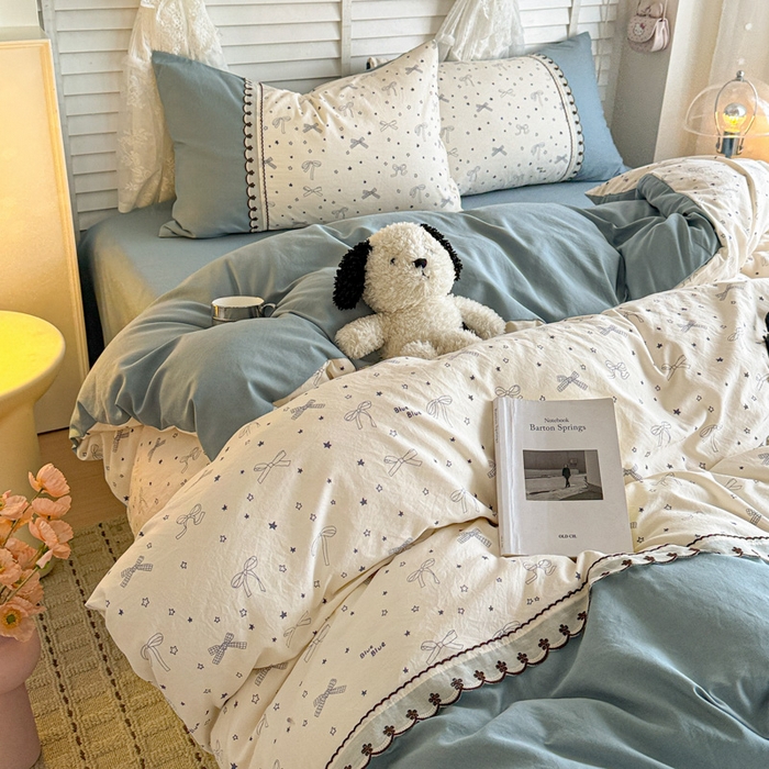 91家纺网 家纺一手货源 找家纺 鑫利来家纺 2026新款古法水洗棉法式花边四件套甄选纯棉花边拼接款四件套印花被套床单单品四件 雨沫