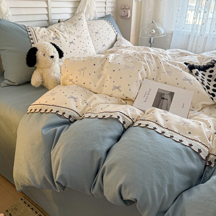 91家纺网 家纺一手货源 找家纺 鑫利来家纺 2026新款古法水洗棉法式花边四件套甄选纯棉花边拼接款四件套印花被套床单单品四件 雨沫