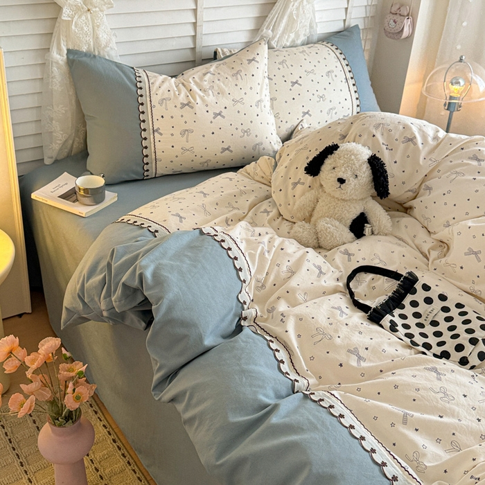 91家纺网 家纺一手货源 找家纺 鑫利来家纺 2026新款古法水洗棉法式花边四件套甄选纯棉花边拼接款四件套印花被套床单单品四件 雨沫