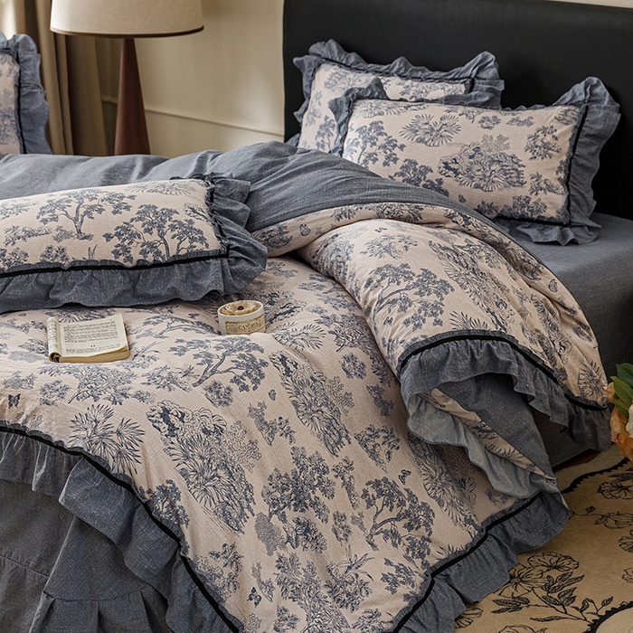 91家纺网 家纺一手货源 找家纺 悦然毛巾被 2026新款原麻水洗提花四件套 蓝花雾影