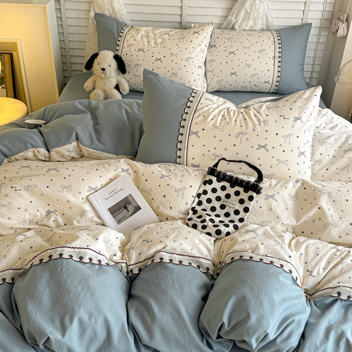 91家纺网 家纺一手货源 找家纺 鑫利来家纺 2026新款古法水洗棉法式花边四件套甄选纯棉花边拼接款四件套印花被套床单单品四件 雨沫